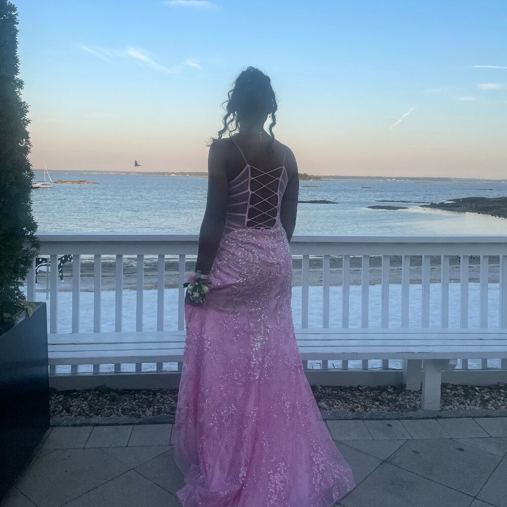 Jasz V-Neck Neckline Lace up Back High Slit Beaded Fitted Prom Dress